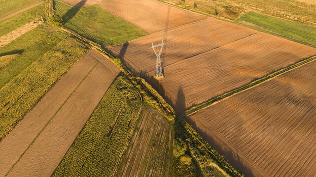 Aerial view of a power line tower standing in the middle of vast agricultural fields during golden hour in Poland.