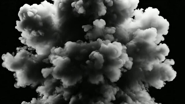 Dense white smoke explosion and puff ball expanding on black background, for visual effects, and motion