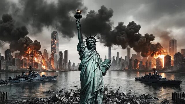 Statue of liberty amidst new york city war destruction with warships and burning skyscrapers in apocalyptic background