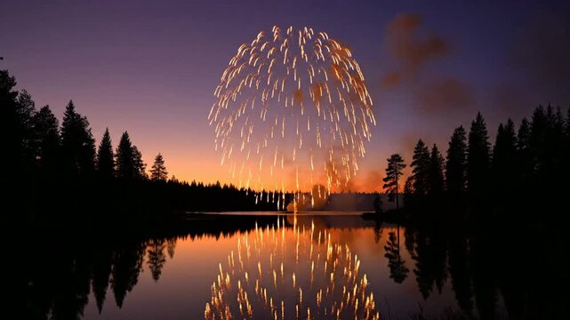 Golden fireworks exploding over calm lake at sunset with mirror reflection in forest nature landscape
