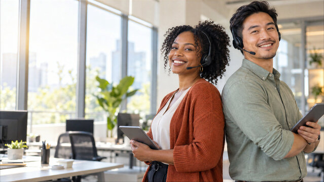 Two Diverse Call Center Agents with Headsets and Digital Tablet Smiling at Camera in Modern Office