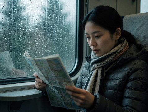 Young Asian woman sits by train window reading paper map. Passenger looks at route info during rainy trip. Solo female traveler explores city using guide map inside public transport. Moody weather