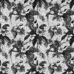Tropical paradise pattern with parrots, hibiscus, and palm leaves for summer design - seamless pattern. Stipple, halftone dots, transparent background © chic designs