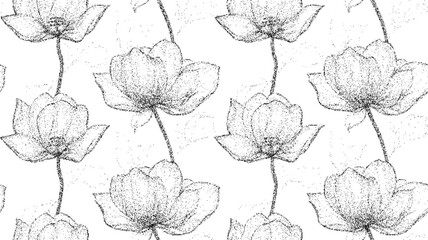 Elegant floral pattern with hand-drawn lotus blooms for decorative wallpaper and textile design - seamless pattern. Stipple, halftone dots, transparent background © chic designs