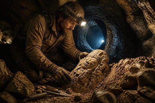 Archaeologist excavating carved statue inside underground tunnel