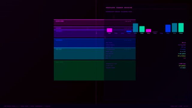Innovative carbon sequestration metrics displayed on a dark digital interface showing evolving bar charts and deep sea depth levels for climate research and environmental data analysis