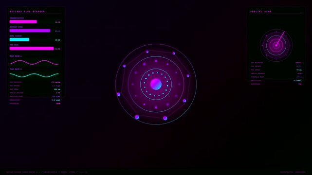 carbon sequestration data streams display animated circular radar graphics and digital interface elements pulsing with neon magenta blue light patterns across a dark black monitor screen field