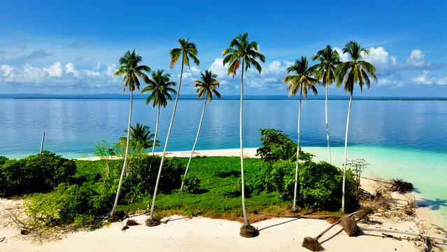 Aerial view of Manimbora Beach with its pristine white sand, turquoise waters, and lush palm trees along the coastline in Batu Putih, East Kalimantan, Indonesia.