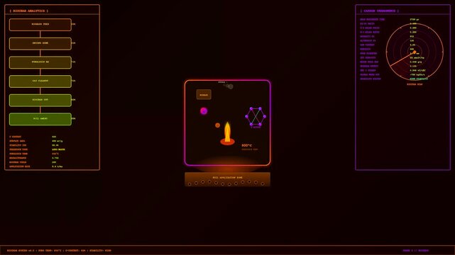 Digital displays showing carbon sequestration analytics with orange glowing interface elements and circular radar graphs monitor industrial chemical processes on a dark screen during system monitoring