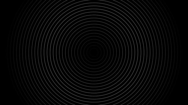 Seamless loop abstract black background featuring hypnotic white concentric circles that expand and ripple outwards from the center, creating a mesmerizing wave-like visual effect