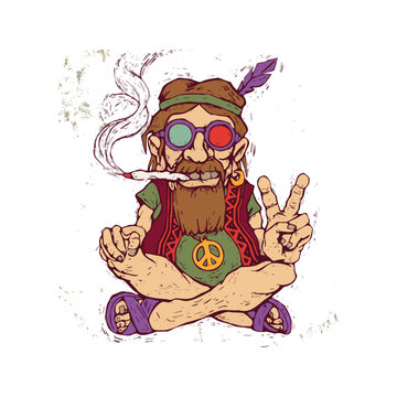 Hippie character smoking and showing peace sign vector illustration