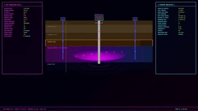 Carbon sequestration displays showing geologic strata and fluid movement in a digital interface featuring data analytics for deep underground storage layers on a dark grid