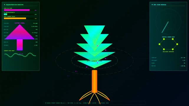 the process of carbon sequestration is displayed as abstract digital neon tree icons floating within a dark virtual monitoring interface for environmental monitoring analysis and data