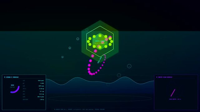 Digital carbon sequestration data visualization showing animated circular particle flow paths moving within a glowing green hexagonal monitor frame over dark blue ocean depth indicators