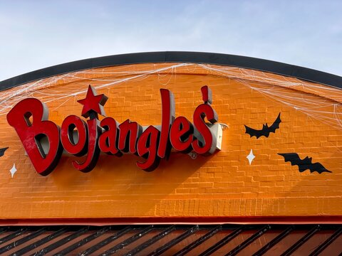 Bojangles fast food restaurant in Charlotte, NC wrapped in a Halloween haunted house wrap