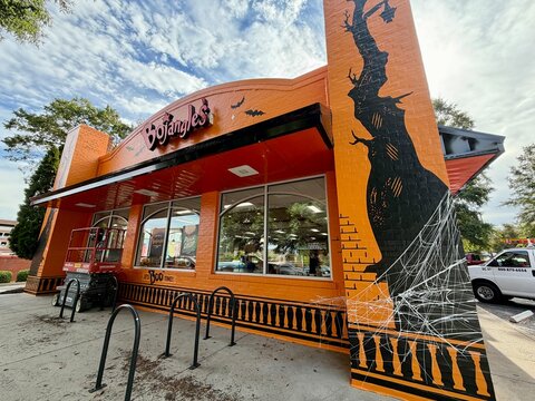 Bojangles fast food restaurant in Charlotte, NC wrapped in a Halloween haunted house wrap