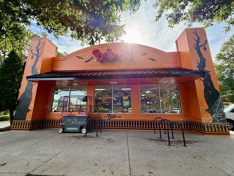 Bojangles fast food restaurant in Charlotte, NC wrapped in a Halloween haunted house wrap