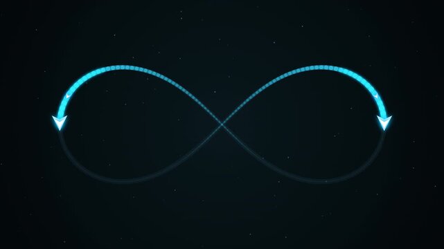Seamless loop animation of cyan neon glowing arrows tracing an infinity figure-eight path on a dark background. Perfect visualization for DevOps, CI/CD, continuous integration, limitless energy, and e