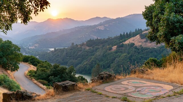 Winding road through hills towards mountains at sunset