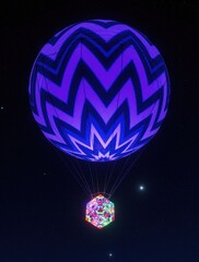 Fototapeta premium Large glowing blue sphere with purple zigzag pattern floats in dark night sky. Small colorful geometric cube hangs below by thin ropes. Abstract light installation creates mysterious atmosphere with
