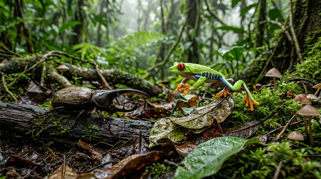 Red eyed green tree frog orange feet jumping on moss wet leaves facing large black brown rhinoceros horn beetle long horns on mossy rotten wood, small mushrooms tropical rainforest dense mist green