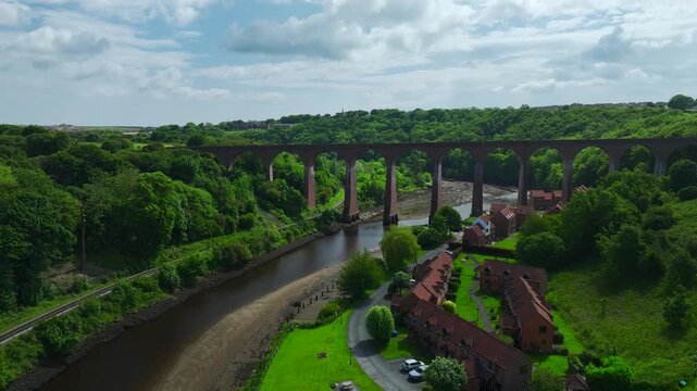 Larpool Viaduct from a drone, Viaduct in Whitby, River Esk, North Yorkshire, England, United Kingdom