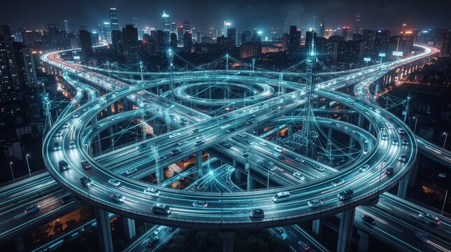 Autonomous AI traffic monitoring grid showing sensor networks, movement patterns and intelligent congestion analysis across a futuristic interchange.