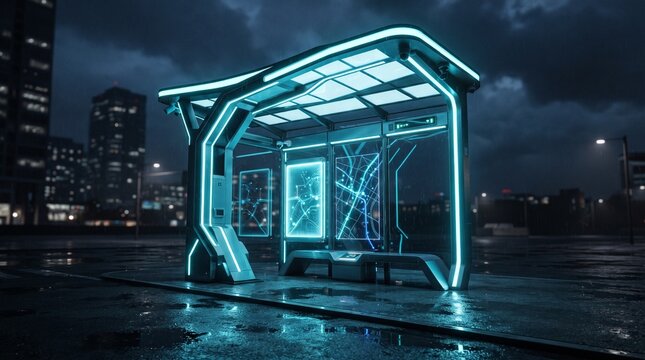 Intelligent futuristic bus shelter illuminated at night with digital route visualization, security sensors and automated charging technology.