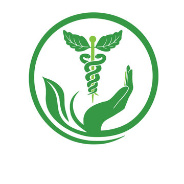 Natural healthcare caduceus symbol with hand and leaves vector icon
