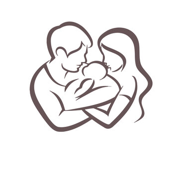 Parents holding newborn baby line art vector illustration