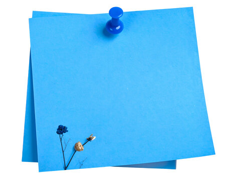 Isolated blue sticky notes pinned with a thumbtack, blank paper for message