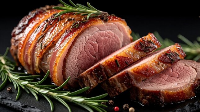 Juicy pork roast wrapped in guanciale served on dark slate. Sliced meat with crispy fat, rosemary herbs. Gourmet culinary dish with pepper seasoning for fine dining. Tasty cooked pork belly meal