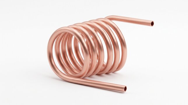 Coiled copper pipe showcasing metallic sheen, curved geometry, and bright industrial styling under studio lighting