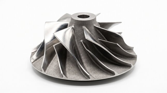 Metallic turbocharger compressor wheel featuring complex curved blades and precision machined steel for high performance automotive engineering