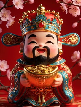 Smiling Chinese God of Wealth figurine holds golden sycee bowl with many coins. Cute chubby deity wears ornate red, gold imperial crown. Pink cherry blossom branches decorate festive background.