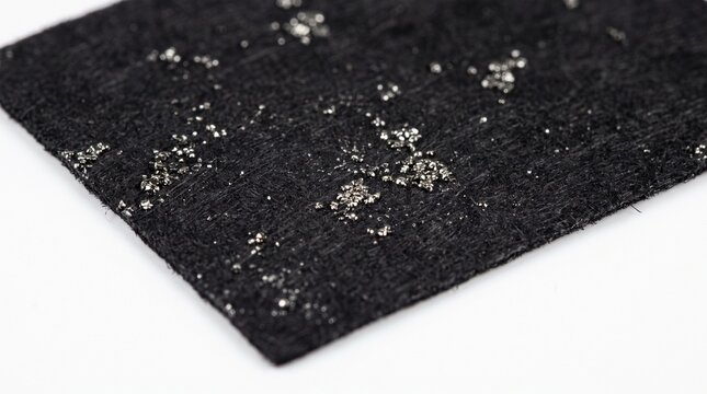 Tiny metallic silver particles sprinkled across textured black fabric sheet under bright studio lighting