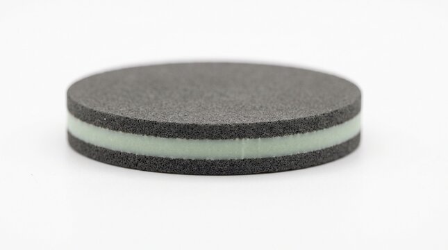 Dark porous round abrasive disc featuring a glowing central mint green layer displayed on clean white surface