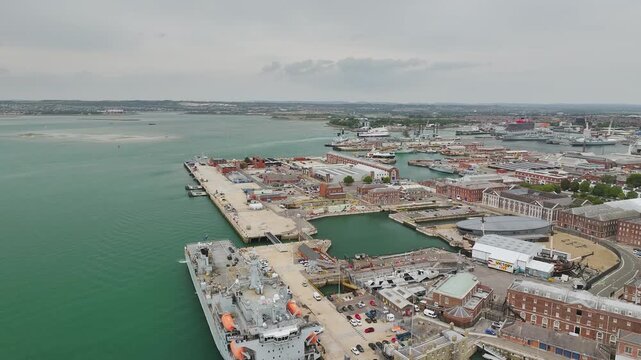 Portsmouth Harbour over Spinnaker Tower from a drone, Portsmouth, Gosport, England, United Kingdom
