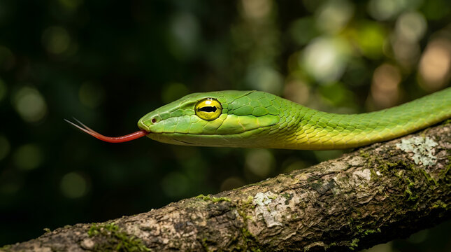 Bright green snake detailed scales yellow eye black horizontal pupil flicking long forked red tongue, coiled on mossy green wooden branch, dark tropical forest blur bokeh natural wild sharp focus back