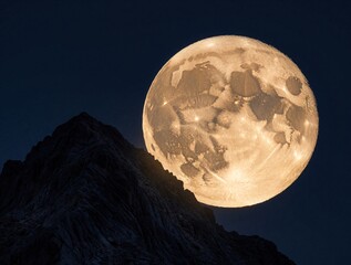 Fototapeta premium Giant full moon rises behind dark mountain peak at night. Huge glowing lunar sphere hangs in black sky above rocky hill. Massive bright moon shows craters, surface details in space. Beautiful night