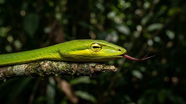 Bright green snake detailed scales yellow eye black horizontal pupil flicking long forked red tongue, coiled on mossy green wooden branch, dark tropical forest blur bokeh natural wild sharp focus back