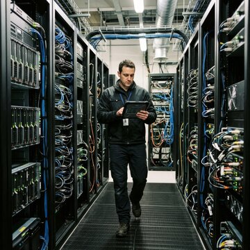 Technician inspecting server infrastructure in modern data center