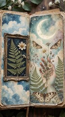 Fototapeta premium Vintage junk journal with celestial theme. Open aged book features moon, clouds, moths, botanical illustrations. Collage includes dried flowers, ferns, human hand near cosmic sky. Aesthetic