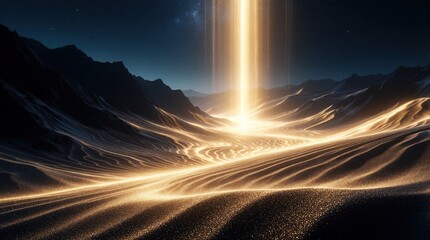 Fototapeta premium Bright beam of light shines over digital sand valley in dark night landscape. Glowing golden energy rays illuminate desert dunes, mountains. Abstract tech background shows futuristic cyber space with