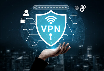 Fototapeta premium Modern Digital Security Concept with VPN Symbol in Protection Shield Over Cityscape Background and Network Graphics for Cybersecurity and Data Privacy Haptic.