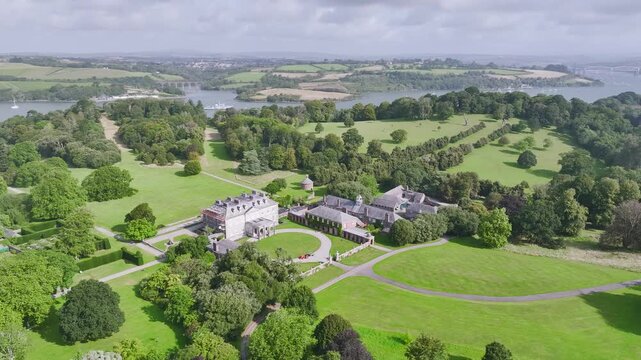 Antony House from a drone, Woodland Garden and Woodland Walk, Torpoint, Cornwall, England, United Kingdom