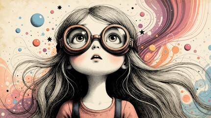 Fototapeta premium Whimsical young girl wearing large goggles looks up at cosmic sky. Surreal fantasy illustration features dreamy abstract universe with colorful bubbles, stars, swirls. Childlike character explores