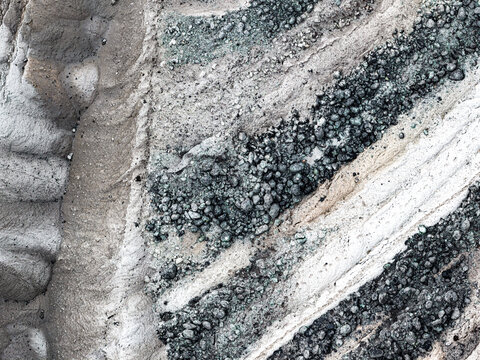 Aerial view of Tagebau Hambach showing layers of earth and gravel in Elsdorf, Nordrhein-Westfalen, Germany.