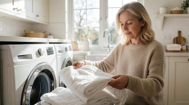 Middle aged woman folds clean white laundry in bright home utility room. Mature female housewife organizes fresh textile linens near modern washing machine. Domestic chore routine at home involves