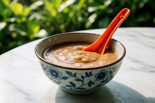 Close up of bubur gandum in blue patterned ceramic bowl on marble table. Traditional Malaysian wheat porridge with palm sugar, coconut milk served in small portion. Warm sweet dessert snack for